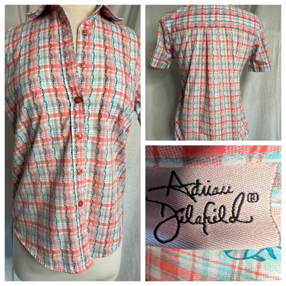 Adrian Delafield blouse medium plaid flowers short sleeve pocket collar
